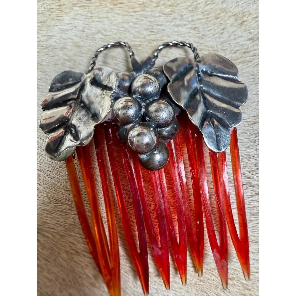 Vintage Sterling Silver Cluster Leaf Hair Comb Amber Translucent Accessoryng